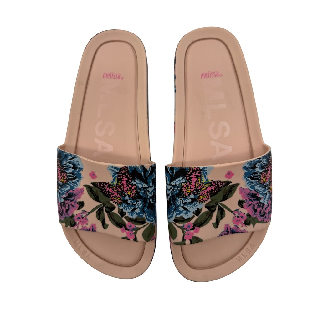 Melissa Beach Slide Sandals Womens 10 Pink Excellent Floral Butterfly MLSA